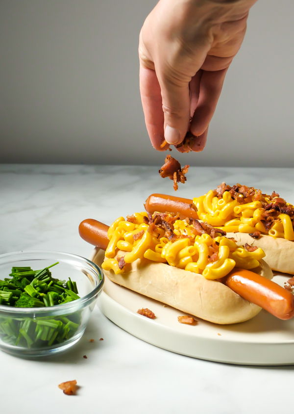 Bacon Mac & Cheese Footlong Hotdog // magicaltreatsathome.com